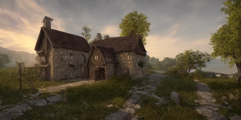 Prompt: a small medieval house near a river in the middle of two mountains at sunrise, concept art, hyperrealistic, trending on artstation, high quality, highly detailed, breathtaking landscape, path traced, clouds, soft lighting, soft colors, digital art, serene landscape, 8 k hdr, octane render, unreal engine 5