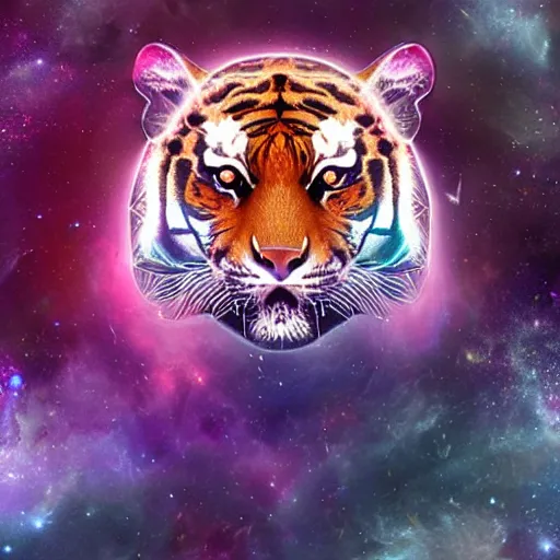 Image similar to geometric symmetrical tiger with galaxy eyes in space, nebula in the background, intricate, elegant, highly detailed, digital painting, artstation, concept art, smooth, sharp focus, illustration, art by artgerm