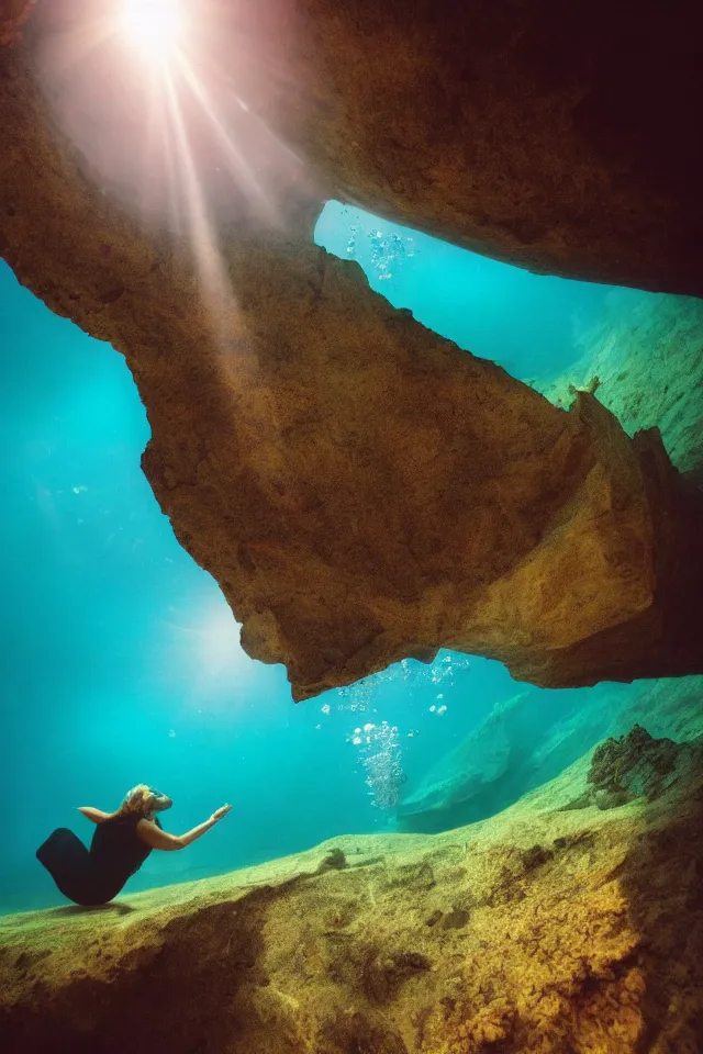 Prompt: underwater looking up, one woman sitting alone on a large rock in a deep trench , looking toward the sun rays and caustics, film , cinematic, underwater photography, low angle view, wide lens