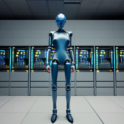Image similar to hyperrealism stock photo of highly detailed stylish humanoid robot in futuristic sci - fi style by gragory crewdson and vincent di fate in the detailed data center by mike winkelmann and laurie greasley rendered in blender and octane render