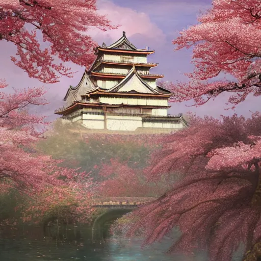 Prompt: a 14th century japanese castle surrounded by cherry blossom trees with diffuse lighting, fantasy, intricate, elegant, highly detailed, digital painting, artstation, illustration, concept art, smooth, sharp focus, art by John Collier and Albert Aublet and Artem Demura