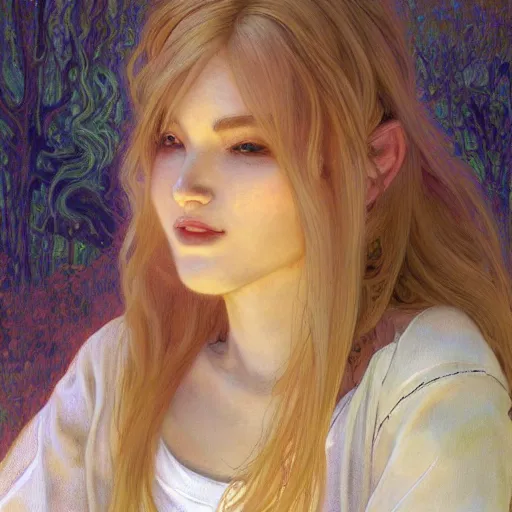 Prompt: A young woman with blonde long hair and bangs in shorts and white shirt drawn by Donato Giancola and Jon Foster, frank frazetta, alphonse mucha, background by James Jean and gustav klimt, 4k, volumetric lighting, french nouveau, trending on artstation, octane render, hyperrealistic but with the face of Walter white