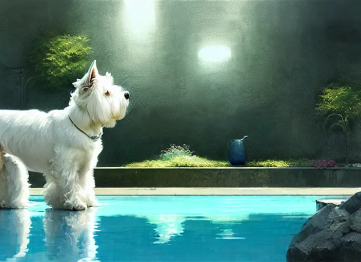 Image similar to west highland white terrier sitting by a pool, bright, reflections, intricate, sharp focus, lens flare, bloom, illustration, highly detailed, digital painting, concept art, matte, art by ruan jia and wlop and greg rutkowski, masterpiece