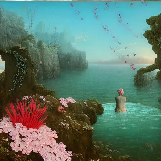 Image similar to David Friedrich, award winning masterpiece with incredible details, Zhang Kechun, a surreal vaporwave vaporwave vaporwave vaporwave vaporwave painting by Thomas Cole of an old pink mannequin head with flowers growing out, sinking underwater, highly detailed