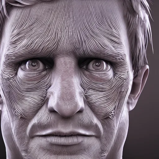 Image similar to a man who's face is covered in ridges of fractal human hands, octane render, subsurface scattering, intense lighting