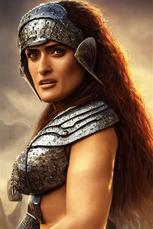 Image similar to portrait, Salma Hayek , barbarian , dressed in chain mail bikini armor, face portrait, raphael lacoste, eddie mendoza, alex ross, concept art, matte painting, highly detailed, rule of thirds, dynamic lighting, cinematic, detailed, denoised, centred