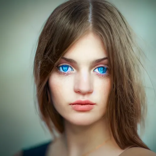 Prompt: Close-up photographic portrait of a beautiful girl with blue eyes and light brown hair a pretty girl with light brown hair , Low key lighting,High constrast, dramatic ,faded colors, pastel colors, Low-key light, flash studio, volumetric light, in the style of Blade Runner ,dark background, high quality,photo-realistic, 8K,-H 704