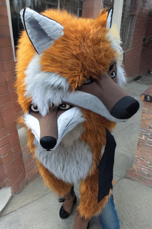 Prompt: photo of a woman in a realistic fox fursuit