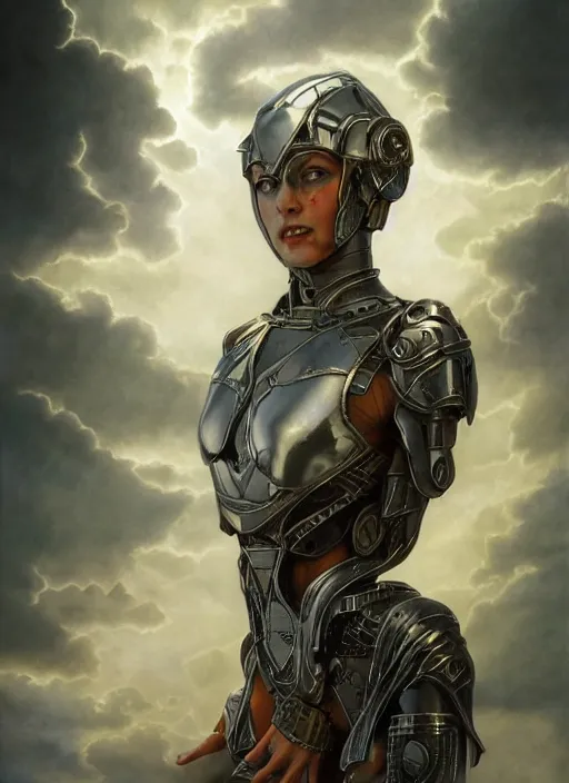 Prompt: symmetry! portrait of a beautiful biblical diabolical agile girl, in reflective porcelain cyborg armor, in clouds, cinematic studio light! windy, sunrise, by gerald brom, by mikhail vrubel, by peter elson, muted colors, extreme detail! trending on artstation, 8 k