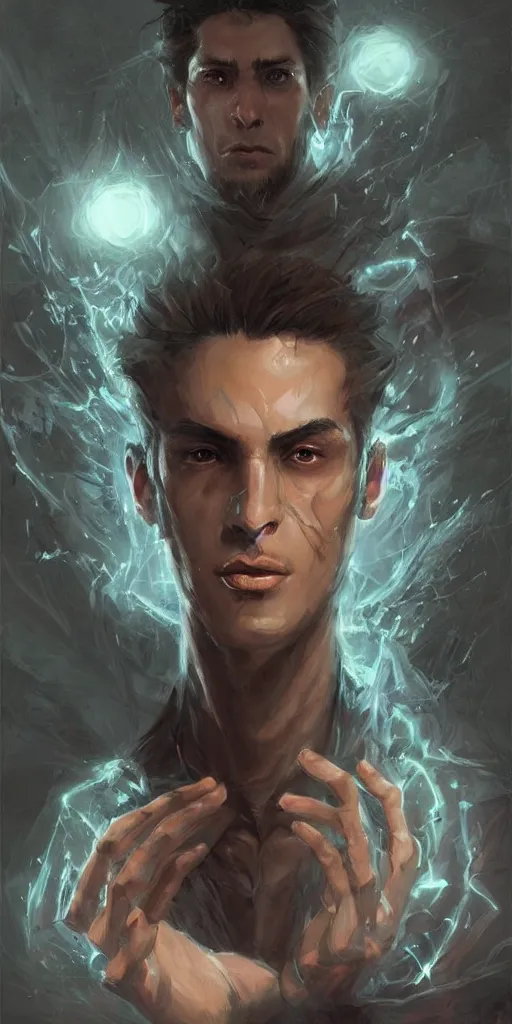 Prompt: 'a professional painting of a handsome young necromancer wizard casting an evil spell with a glowing spellbook, olive skin, buzzed short dark hair, beautiful bone structure, symmetrical facial features, intricate, elegant, digital painting, concept art, smooth, sharp focus, illustration, from Metal Gear, by Ruan Jia and Mandy Jurgens and Artgerm and William-Adolphe Bouguereau'