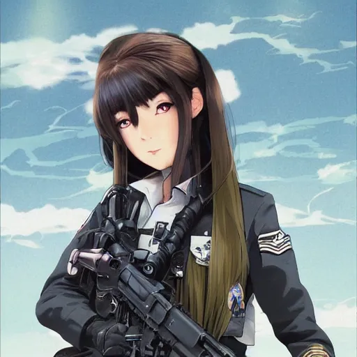 Image similar to airforce pilot girl, trading card front, anime style, long hair, hair down, symmetrical facial features, green eyes, from girls frontline, hyper realistic, pale skin, 4k, rule of thirds, extreme detail, detailed drawing, trending artstation, hd, fantasy, D&D, realistic lighting, by Alphonse Mucha, Greg Rutkowski, sharp focus, backlit, full soldier clothing