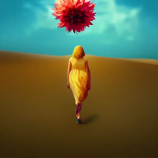 Image similar to closeup giant dahlia flower floating head, a girl walking between dunes, surreal photography, sunrise, blue sky, dramatic light, impressionist painting, digital painting, artstation, simon stalenhag