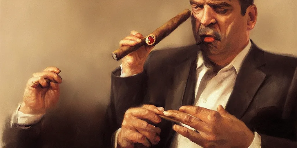 Image similar to beautiful oil matte portrait painting, mafia boss holding a cigar at his 5 0 s new york office desk, wonderful masterpiece highly detailed, beautiful cinematic light deep focus, elegant, digital painting, smooth, sharp focus, golden ratio, dramatic illumination, ultra realistic, 8 k, art by jimmy law