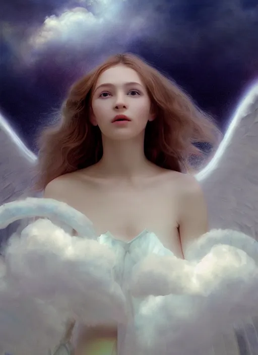 Image similar to painting of a floating angelic spirit made out of clouds and floating ribbons, beautiful female face, spectrum colours, angelic, realistic, raphaelites, baroque, renaissance, cinematic light, volumetric, octane render