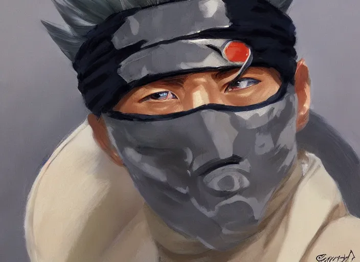 Image similar to a highly detailed beautiful portrait of kakashi hatake, by gregory manchess, james gurney, james jean