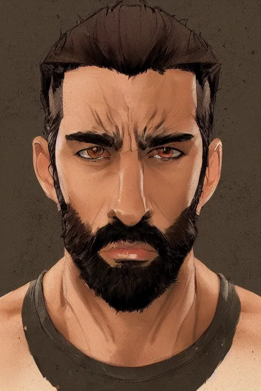 Image similar to very detailed portrait of a rugged man in his early thirties, strong jaw, deep black eyes, latino features, wearing a black!! t - shirt, earthy color scheme, by wlop and krenz cushart and artgerm, 9 0 s style, detailed eyes, starry background, trending, on artstation.