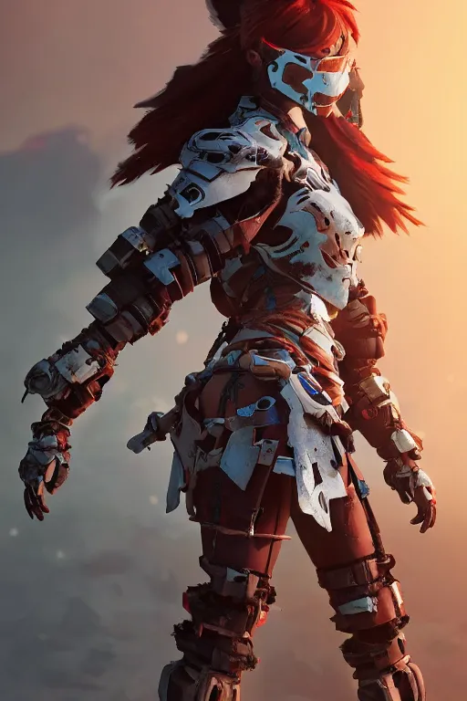 Image similar to combination suit armor aloy horizon forbidden west horizon zero dawn robot ninja mask helmet backpack tribal, aesthetic octane render, 8 k hd resolution, by ilya kuvshinov and cushart krentz and gilleard james radiating a glowing aura cgi rtx 2 0 2 2