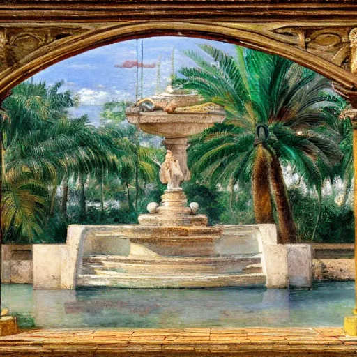 Image similar to a ultradetailed beautiful painting of a old fountain in the amazonas palace balustrade designed by jules bastien - lepage, tarsila do amaral, frank weston and gustave baumann, beach, trending on artstation, mediterranean, palm trees, sharp focus, soft light, 8 k 4 k