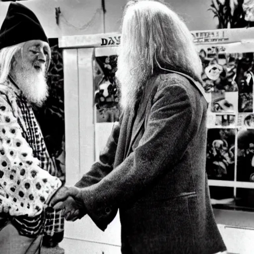 Prompt: daevid allen shaking hands with a real - life gnome