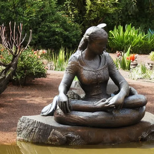 Image similar to a statue of a woman sitting in the middle of a pond with a fox resting in her lap