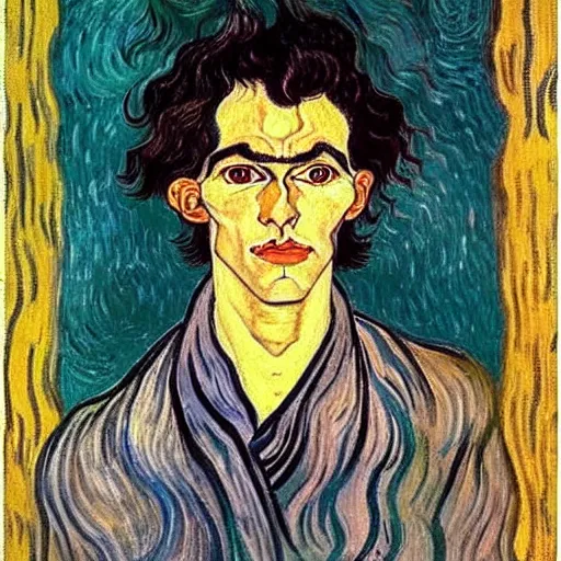 Image similar to painting of handsome beautiful dark medium wavy hair man in his 2 0 s, dressed as an oracle he has a vision for the future!! looking upward to the heavens above!! slight smile, foreseeing the future!! elegant, clear, painting, highly stylized, art by vincent van gogh, egon schiele