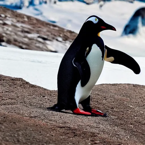 Prompt: wildlife long shot photo of a penguin with green eyes and feet and a red knitted winter hat sliding down an ice mountain, professional photo from national wildlife 2020