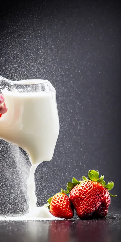 Image similar to a close up photo of milk pouring over a strawberry, macro, highly detailed, blurred background, studio lighting,