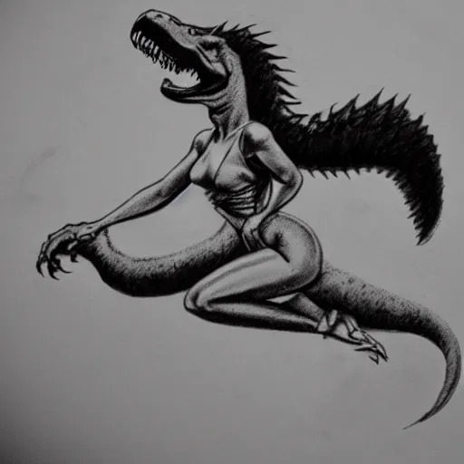 Prompt: a pencil sketch of a pinup girl riding a tyrannosaurus rex, white background, black and white