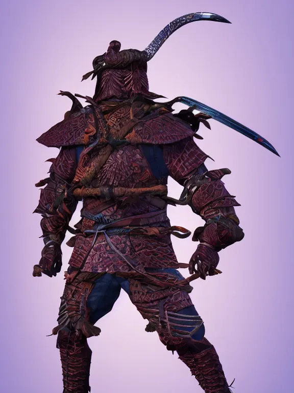 Image similar to full body front view portrait of, druidic nature ninja samurai, character design, correct anatomy, made in blender, octane render, ray tracing, ultra detailed, fantasy, intricate and highly detailed, with lots of colour, pose, sharp focus,