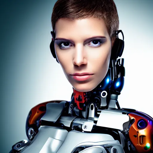 Image similar to portrait photo of a beautiful female cyborg