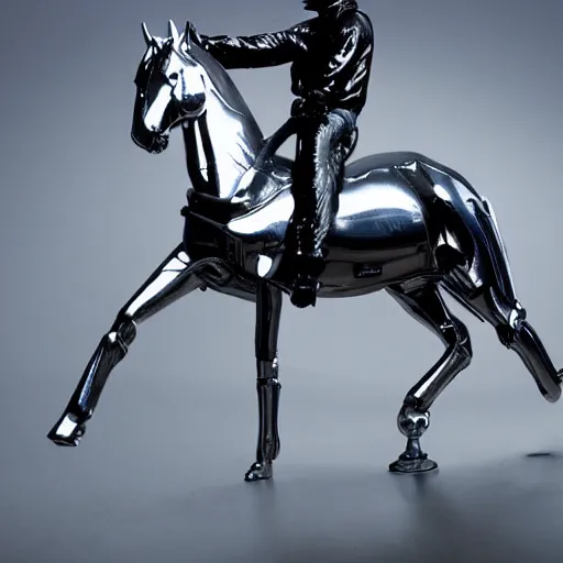 Prompt: A cowboy riding a futuristic chrome horse
