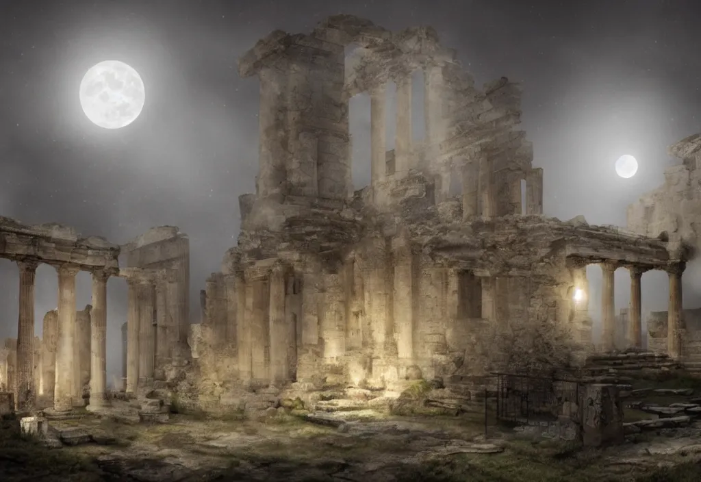 Image similar to roman ruins, moonlit with ambient fog, michael jackson with yellow eyes, trending on art station