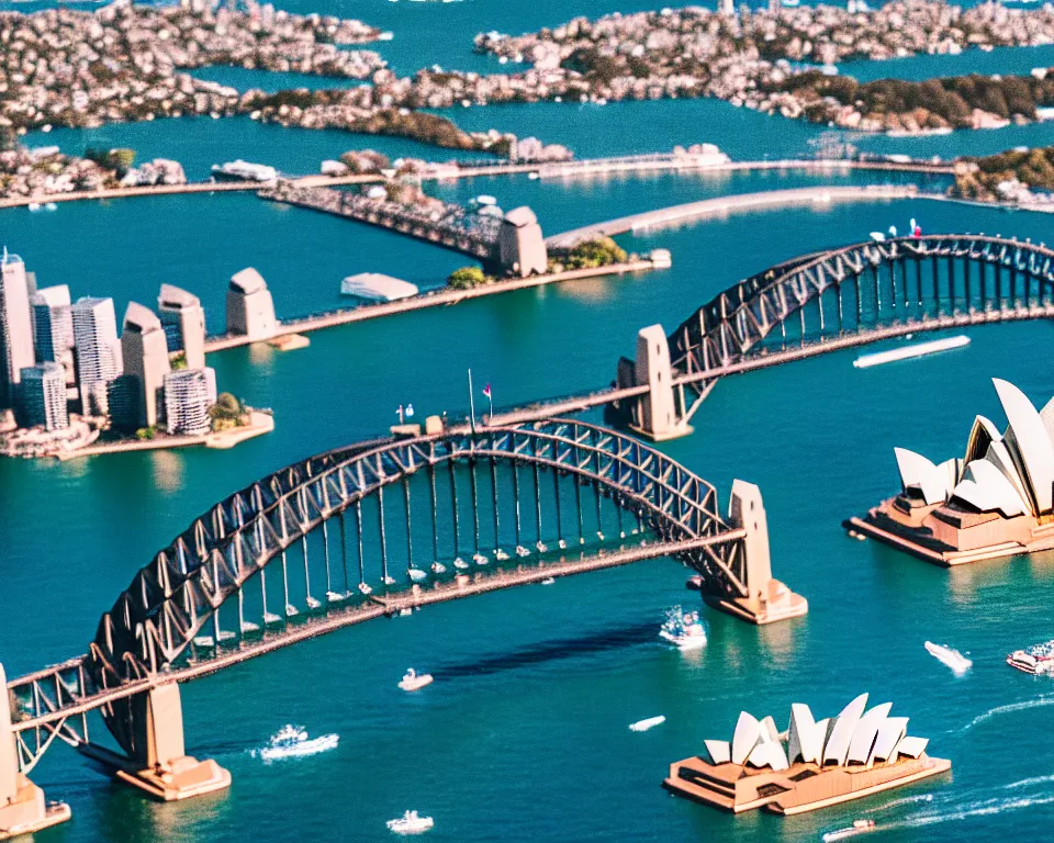 Image similar to sydney opera house and harbour bridge lego town, 3 5 mm lens, shallow dof, cinematic, photo, 4 k, detailed, tiny