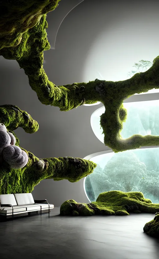 Image similar to highly detailed villa natural beautiful light interior soft cinematic composition of a smooth ceramic porcelain biomorphic magnolia stone nebula fluid sci - fi surreal architecture landscape, furniture, granite, trees, marble, moss, lichen, fungi, vincent callebaut composition, mamou - mani, archviz, 8 k, unreal engine, hdr