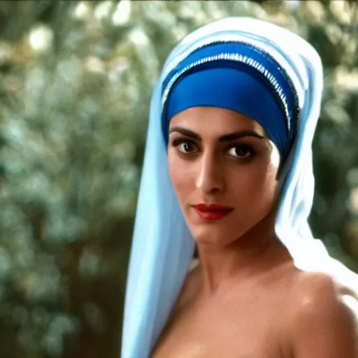 Prompt: young Monica Belluci as an Arab woman, tanned skintone, bright blue eyes, white veil, light blue top portrait