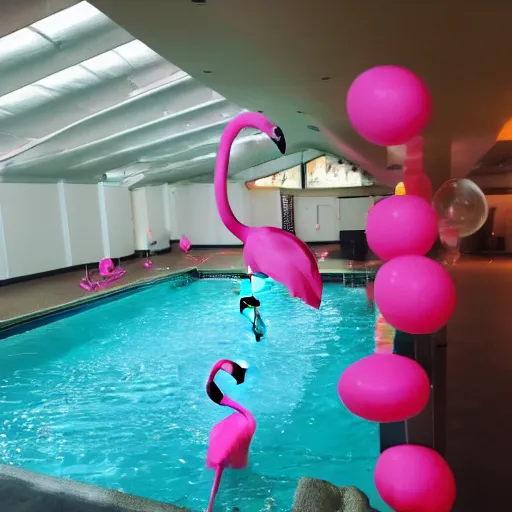 Image similar to dark poolroom liminal space with pink flamingo floaties, liminal photography, bad lighting,