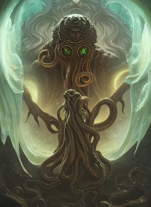 Image similar to cthulhu, deep focus, d & d, fantasy, intricate, elegant, highly detailed, digital painting, artstation, concept art, matte, sharp focus, illustration, hearthstone, art by artgerm and greg rutkowski and alphonse mucha