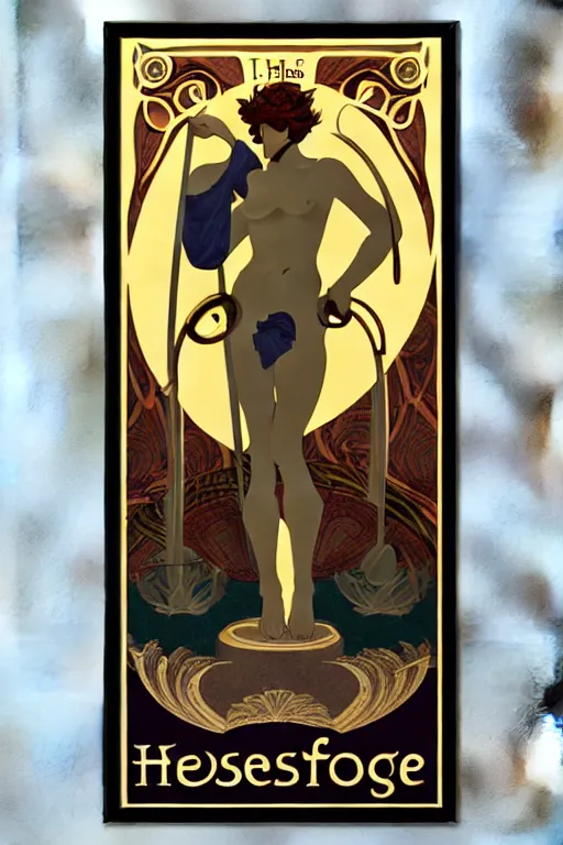 Image similar to art nouveau poster. hephaestus at the forge