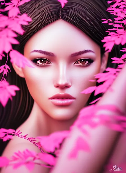 Image similar to photo of a gorgeous female in the style of stefan kostic, realistic, half body shot, sharp focus, 8 k high definition, insanely detailed, intricate, elegant, art by stanley lau and artgerm, extreme bokeh light pink foliage