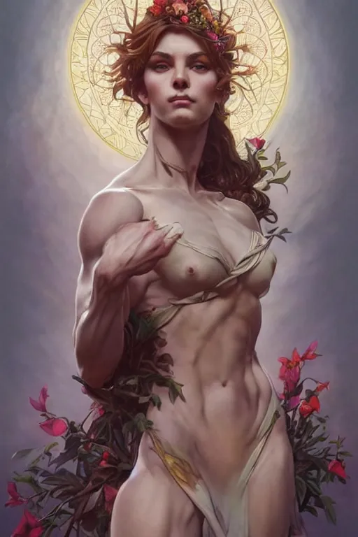 Image similar to goddess of nature, accurate anatomy, only two hands, highly detailed, digital painting, artstation, concept art, smooth, sharp focus, illustration, Unreal Engine 5, 8K, art by artgerm and greg rutkowski and alphonse mucha and IFBB pro fitness photograph