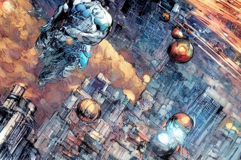 Image similar to city, science - fiction, dirigible, beautiful comic book, jim lee, neal adams, artstation.