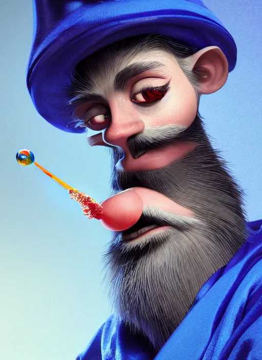 Prompt: an anthropomorphic beautiful male wizard portrait blowing bubbles wearing blue robe, fine art, award winning, intricate, elegant, sharp focus, octane render, hyperrealistic, wizard hat cinematic lighting, highly detailed, digital painting, 8 k concept art, art by jamie hewlett and z. w. gu, masterpiece, trending on artstation, 8 k