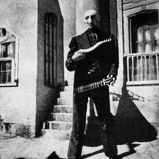 Image similar to vintage photograph of count orlok outside his castle, playing the blues on guitar, castle in the background, 4 k