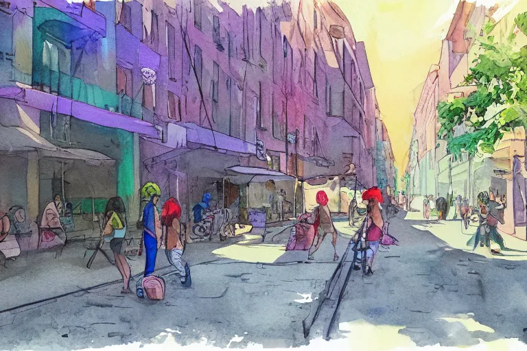 Prompt: street summer watercolor pen light color on artstation