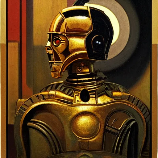 Image similar to a portrait painting of C3P0. Painted by Norman Rockwell