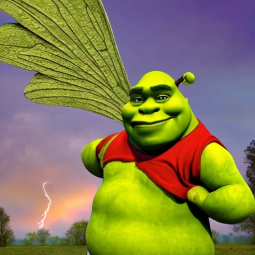 Prompt: giant shrek with wings, thunderstorm, swamp, realism, flying fairies, hot summer chill