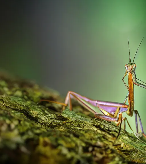 Image similar to super macro photo of a golden iridescent praying mantis on a flower in a forest. dof. bokeh. magical atmosphere. art by greg rutkowski. lifelike. very detailed 8 k. intricate. soft light. nikon d 8 5 0.