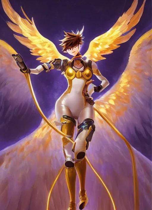 Image similar to full body oil painting of tracer overwatch in the style of delphin enjolras, angel wings, angelic golden armor, dramatic painting, symmetrical composition, ornate, golden chains, high detail, gold detailed collar!!!!!, blooming, angelic, lights, flowers, heavenly, bright, detailed face,