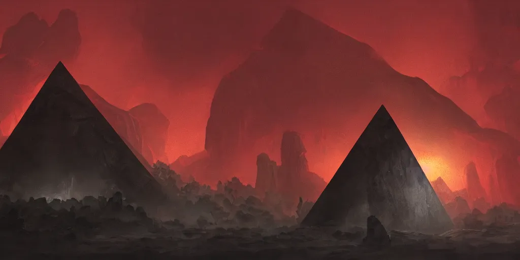 Prompt: huge black obsidian pyramid!! in a jungle, with a black silhouette of humanoid creature by eugene von guerard, ivan shishkin, night, red lightning!!, night!, dramatic lighting, concept art, trending on artstation, 8 k