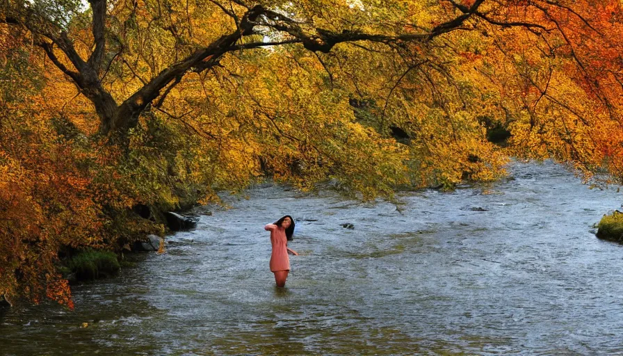 Image similar to a beautiful woman turning into a peaceful river, it's autumn and a gentle breeze is moving leaves around